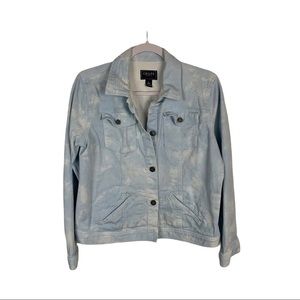 Chaps Denim Jean Jacket Women Large Blue White Tie Dye Medium Wash Biker Boho